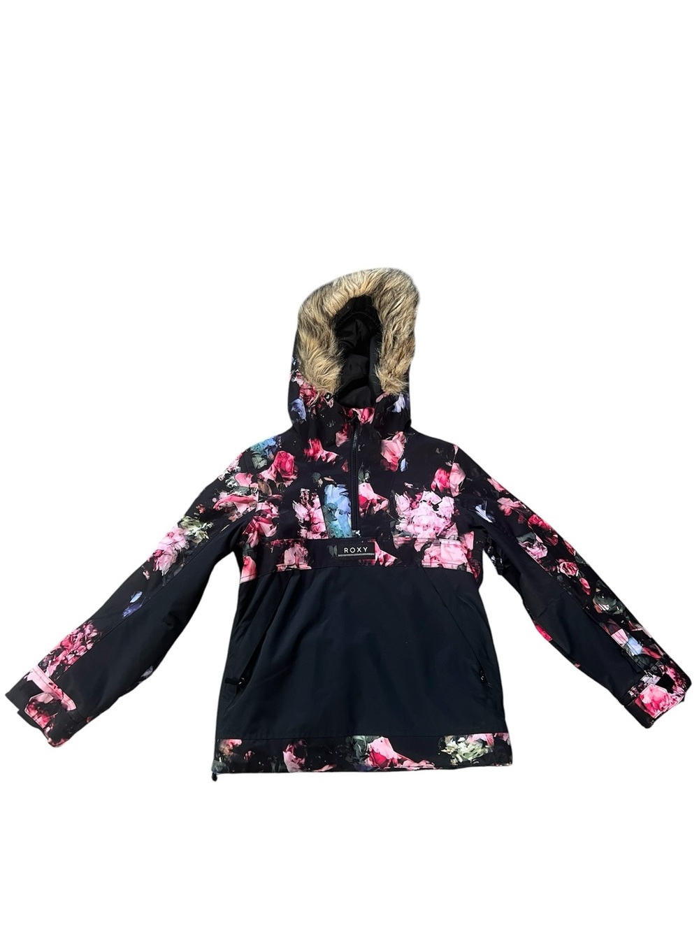 Roxy Girls Black Floral Hooded Winter Anorak with Faux-Fur Trim